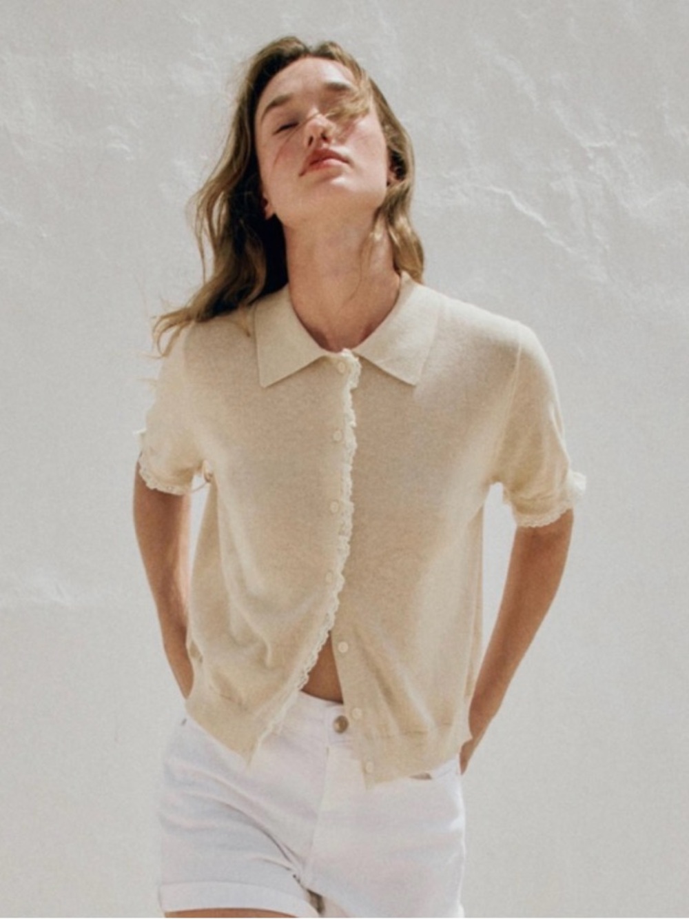 ZARA Short-Sleeve Button-Down Knit Cardigan with Lace Trim Sand